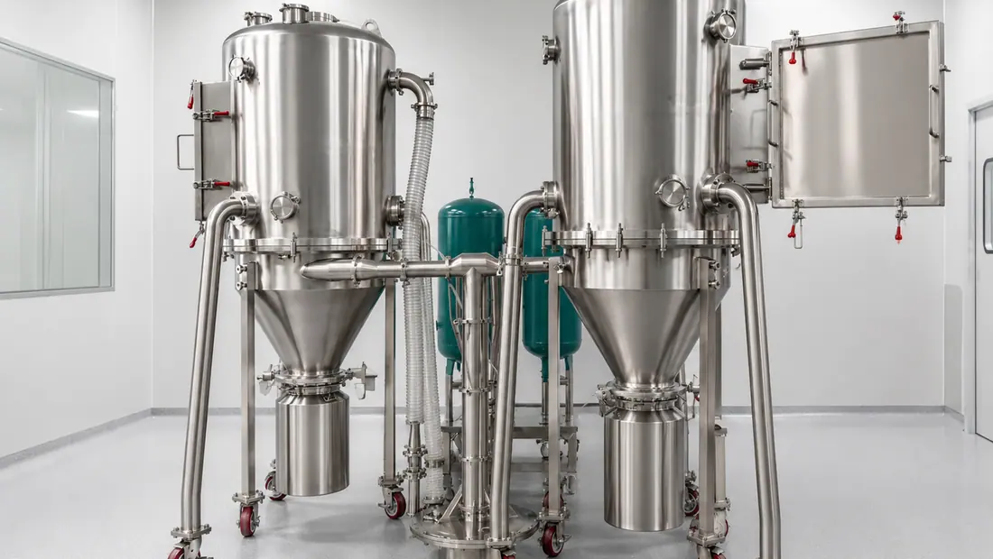 Cleanroom installation of stainless steel pharmaceutical powder handling equipment